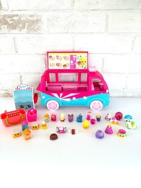Shopkins Pink & Blue Ice Cream Truck Lot with Collectible Figures